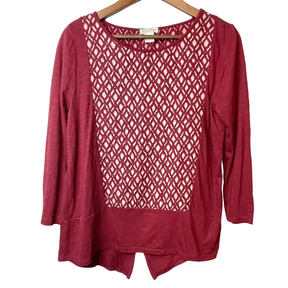 Lucky Brand Cranberry and Cream Lattice Front Long Sleeve Top